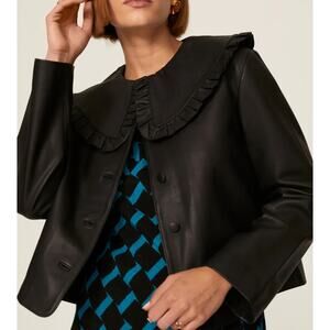 Rixo Leather Jacket Debbie Peter Pan Collar Black Buttons Ruffle Size XS